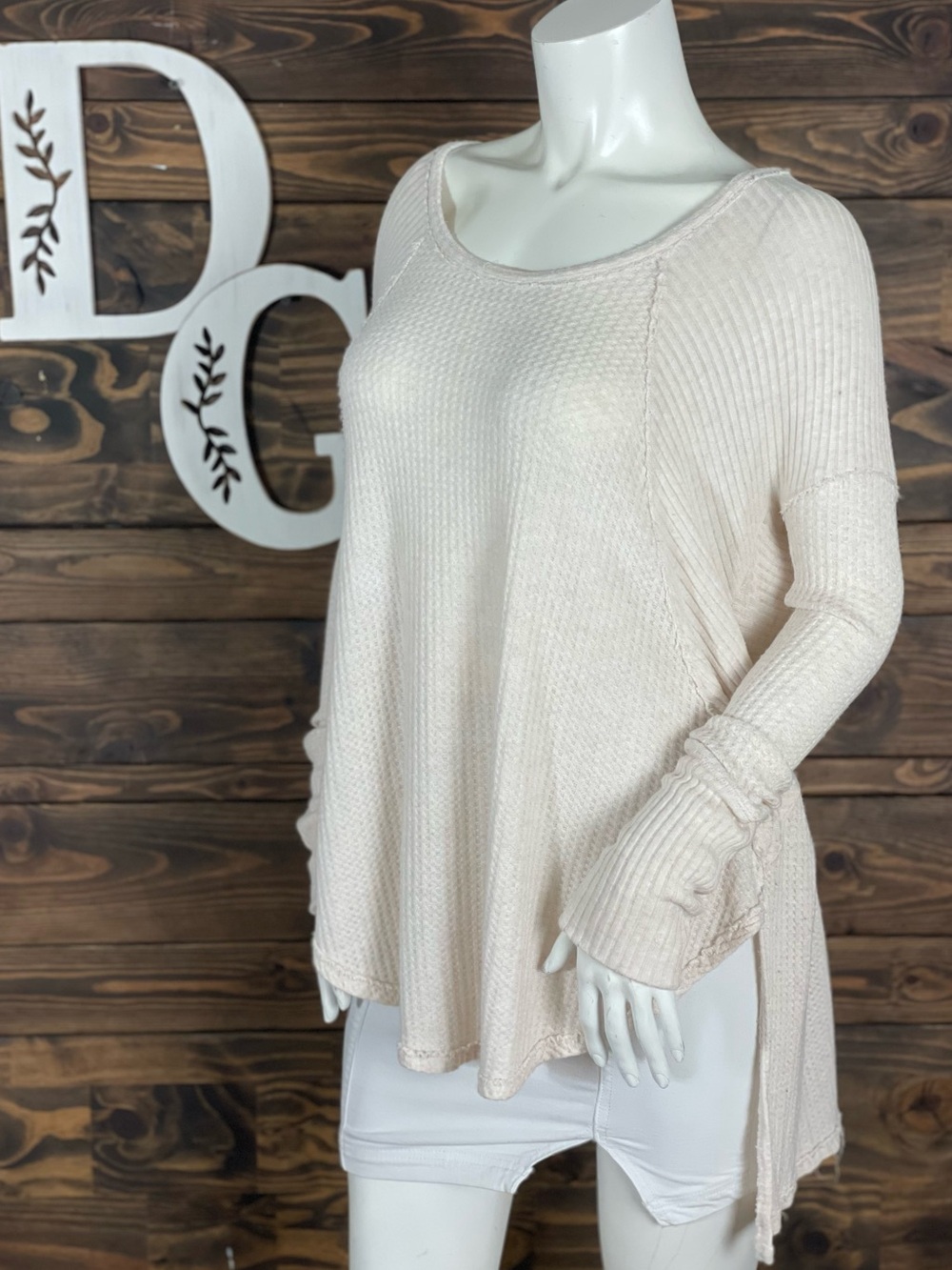 Free People Ventura Waffle Knit Woven Lightweight Scoop-Neck Long Sleeve Sweater